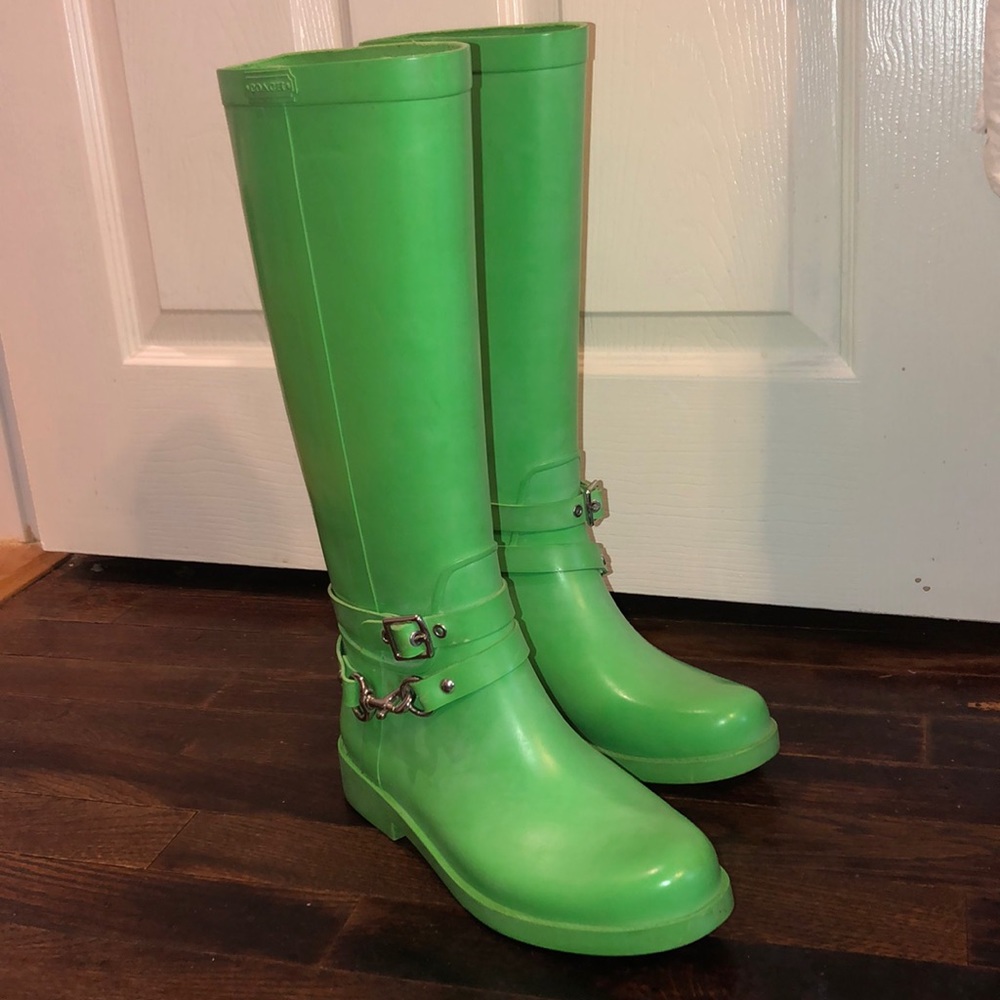 COACH lime green rain boots